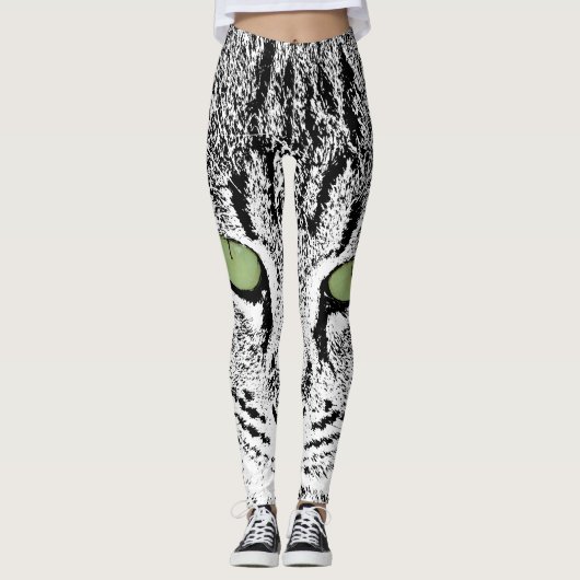 Green Eyed Tabby Cat Faux Watercolor Leggings (Devant)