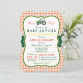 Green Farm Tractor Boy Baby shower Invitation (Debout devant)