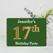 Green, Faux Gold 17th Birthday Party + aangepaste  Kaart (Staand voorkant)
