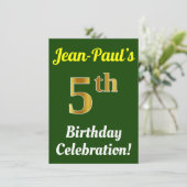 Green, Faux Gold 5th Birthday Celebration + naam Kaart (Staand voorkant)