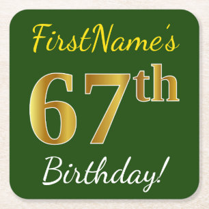 Green, Faux Gold 67th Birthday + aangepaste naam Vierkante Kartonnen Onderzetter