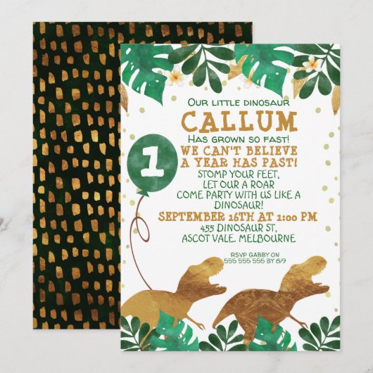 Green Faux Gold Foil Dinosaur Invitation Anniversa (Devant / Derrière)