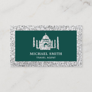 Green Faux Silver Glitter Taj Mahal Travel Agent Visitekaartje