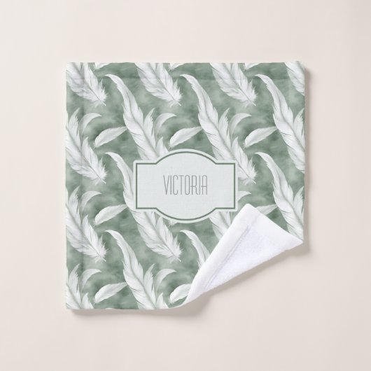 Green Feathers Delicate Gray Monogrammed Bad Handdoek (Wasdoekje)