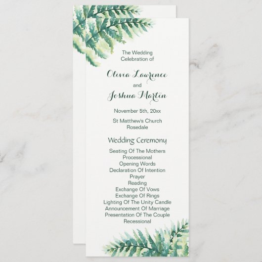 Green Fern Waterverf huwelijksprogramma's Programma (Voorkant / Achterkant)
