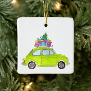 Green Fiat 500 met Waterverf met kerstcadeaus Keramisch Ornament