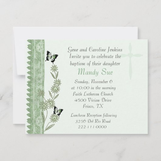 Green Floral Baptism Invitation Kaart (Voorkant)