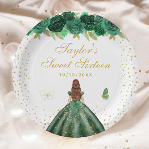 Green Floral Brown Hair Princess Sweet Sixteen Papieren Bordje