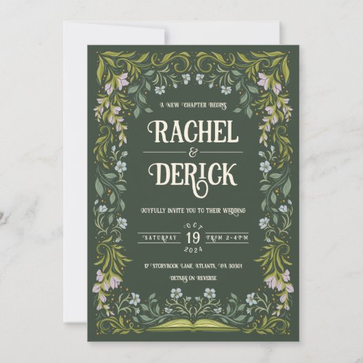 Green Floral Fairytale Faire-part de mariage (Devant)