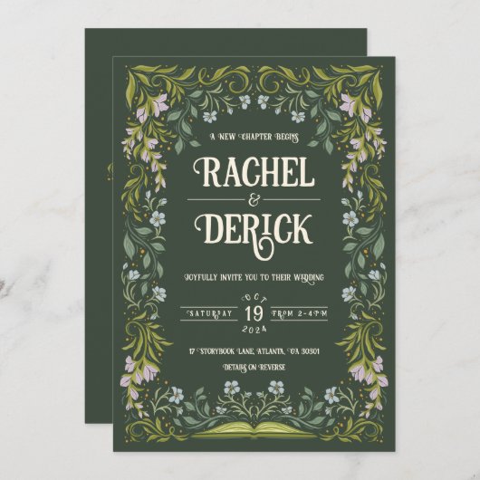 Green Floral Fairytale Faire-part de mariage (Devant / Derrière)