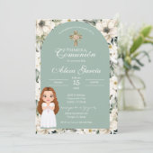 Green floral First Communion Invitation (Debout devant)