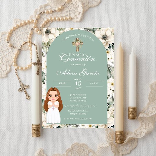 Green floral First Communion Invitation