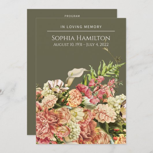 Green Floral Funeral Memorial Programme (Devant / Derrière)