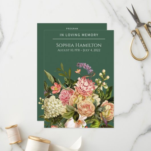 Green Floral Funeral Memorial Programme (Devant/Arrière en situation)
