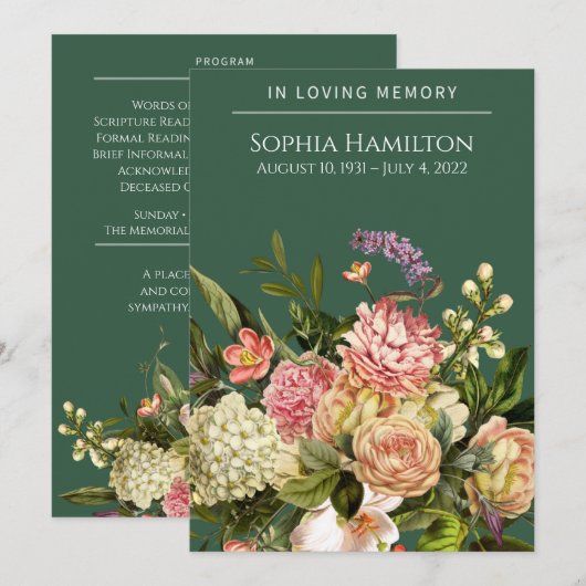 Green Floral Funeral Memorial Programme (Devant / Derrière)