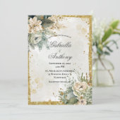 Green Floral Gold Wedding Kaart (Staand voorkant)