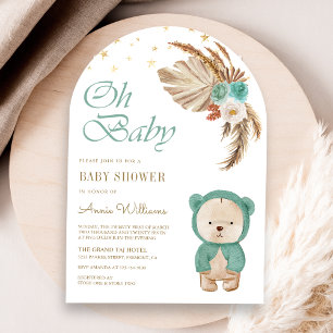 Green Floral Pampas Teddy Bear Arch Baby shower Kaart