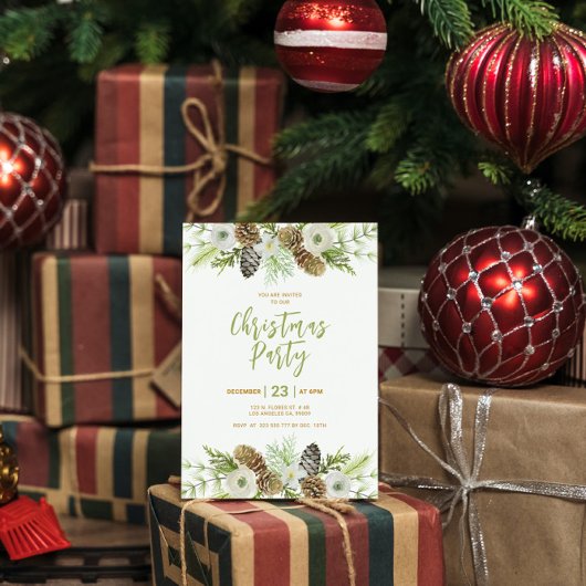 Green Floral Pines Wreath Christmas Invitation