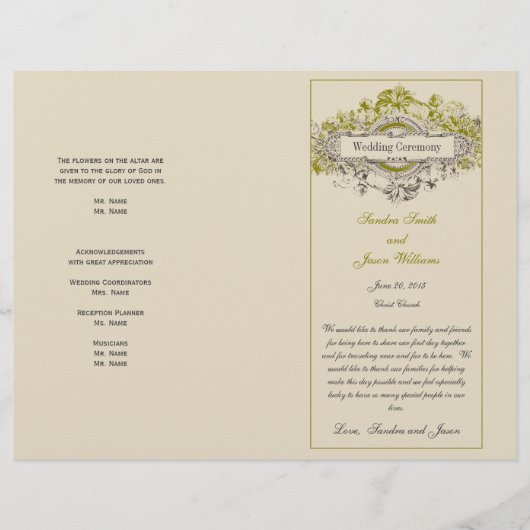 Green Floral Vintage Wedding Programme (Devant)