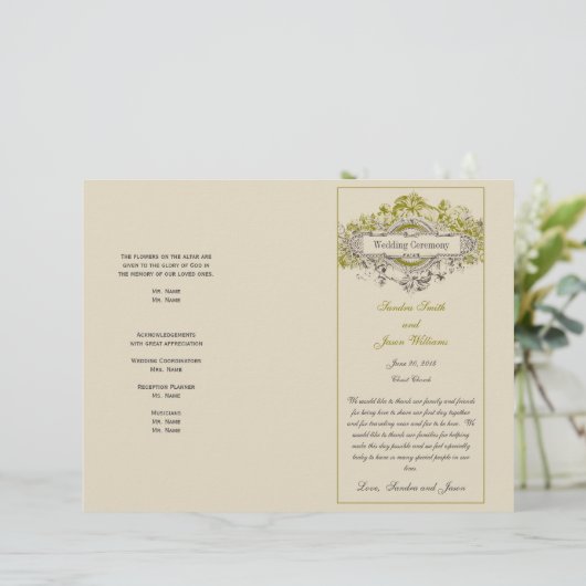 Green Floral Vintage Wedding Programme (Debout devant)