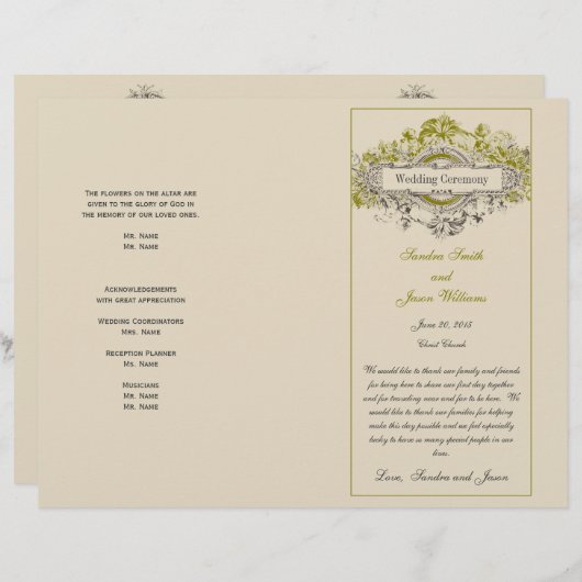Green Floral Vintage Wedding Programme (Devant / Derrière)