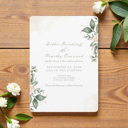 Green Floral Watercolor Frame Wedding Invitation 