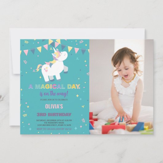 Green Fly Unicorn Invitations Anniversaire Photo (Devant)
