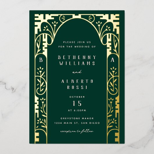 Green Foil Art Nouveau Arch Foil Invitation (Recto)