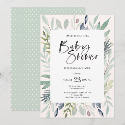 Green Foliage Baby shower Invitation Kaart (Voorkant / Achterkant)