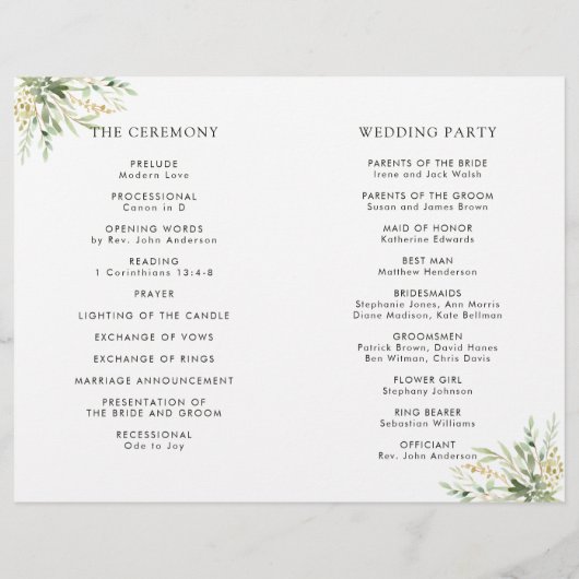 Green Foliage Botanical Folded Wedding Programme (Dos)