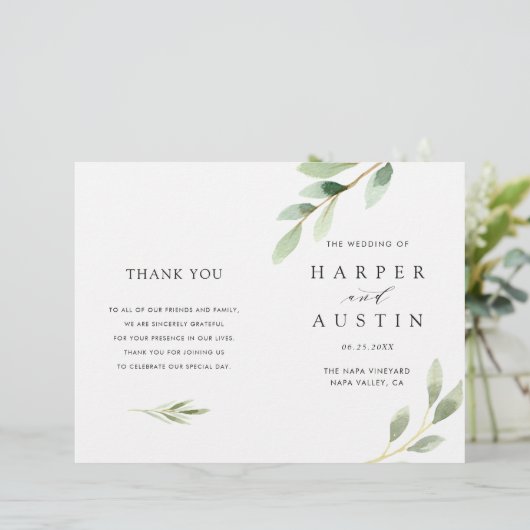 Green Foliage Botanical Folded Wedding Programme (Debout devant)