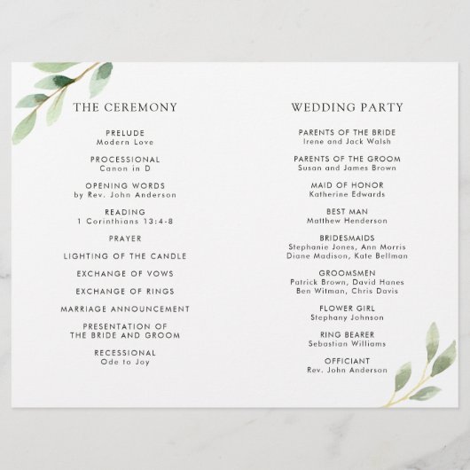 Green Foliage Botanical Folded Wedding Programme (Dos)