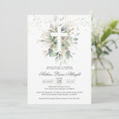 Green Foliage Cross Baby Christening Invitation (Debout devant)