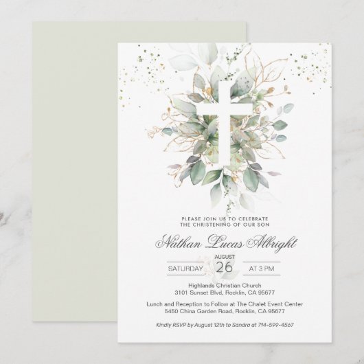 Green Foliage Cross Baby Christening Invitation (Devant / Derrière)
