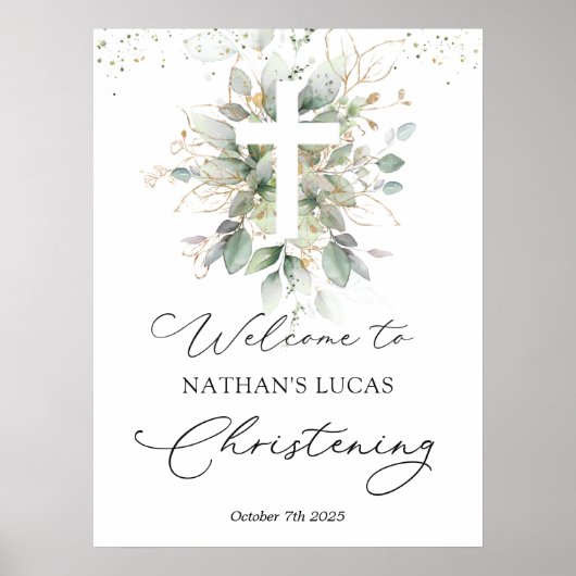 Green Foliage Cross Baby Christening Poster (Devant)