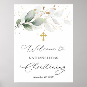 Green Foliage Cross Baby Christening Poster