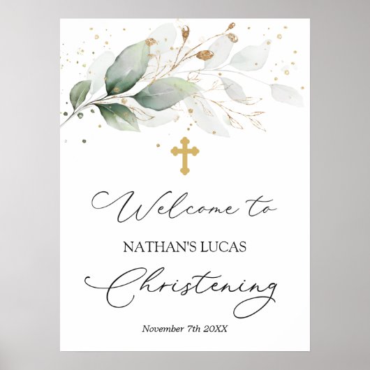 Green Foliage Cross Baby Christening Poster (Devant)