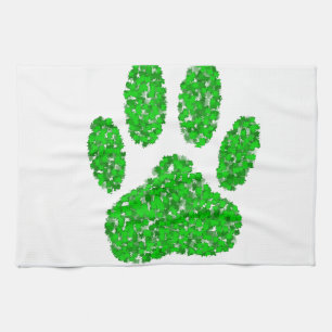 Green Foliage Dog Paw Print Theedoek