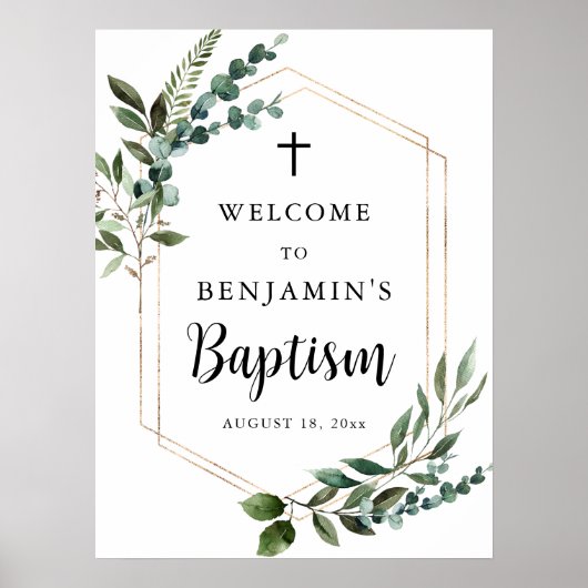 Green Foliage Gold Cross Baptism Welcome Poster (Devant)