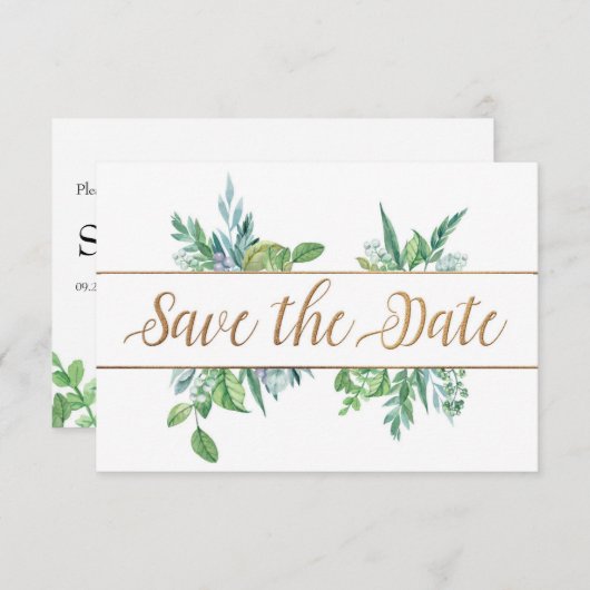 Green Foliage & Gold Script Save the Date Kaart (Voorkant / Achterkant)