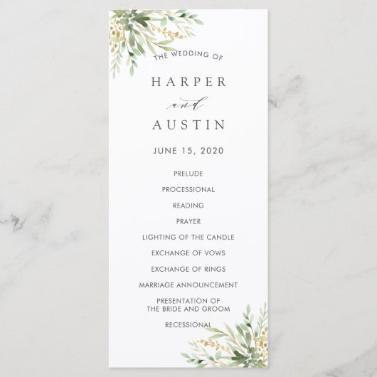 Green Foliage Programme de mariage botanique (Devant)