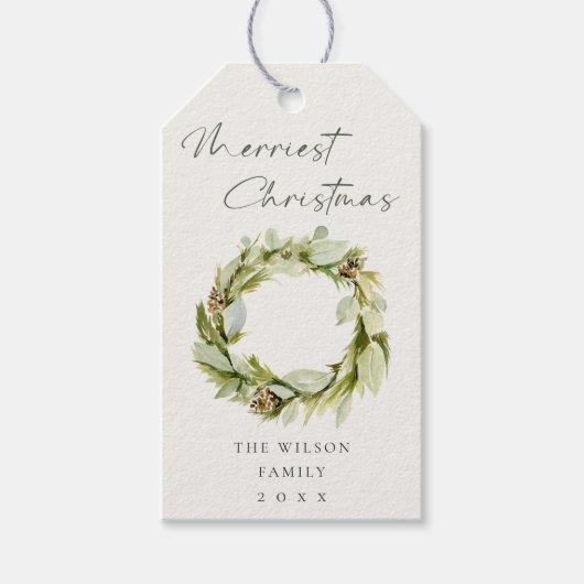 Green Foliage Winter Wreath Merriest Kerstmis Cadeaulabel (Voorkant)