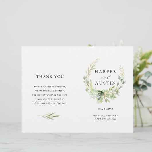 Green Foliage Wreath Programme de mariage plié (Debout devant)