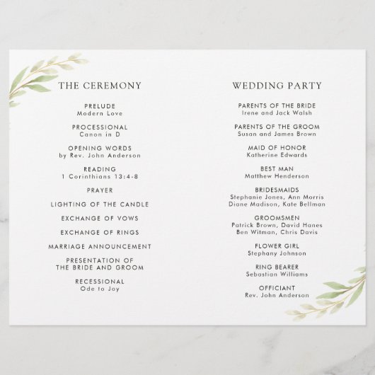 Green Foliage Wreath Programme de mariage plié (Dos)