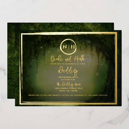 Green Forest Lights Elegant Wedding Gold Folie Uitnodiging (Voorkant / Achterkant)