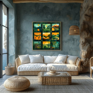 Green Framed Desert Art Grid – Levendige geometris Perfect Poster