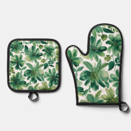 Green Garden Floral Botanical Watercolor Painting Ovenwant & Pannenlap Set