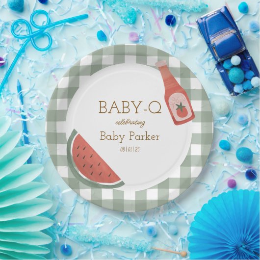 Green Gingham Baby-Q Circular Plate Papieren Bordje (Feest)