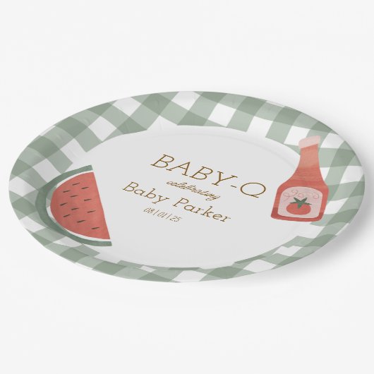 Green Gingham Baby-Q Circular Plate Papieren Bordje (Gekanteld)