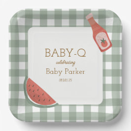 Green Gingham Baby-Q Square Plate Papieren Bordje